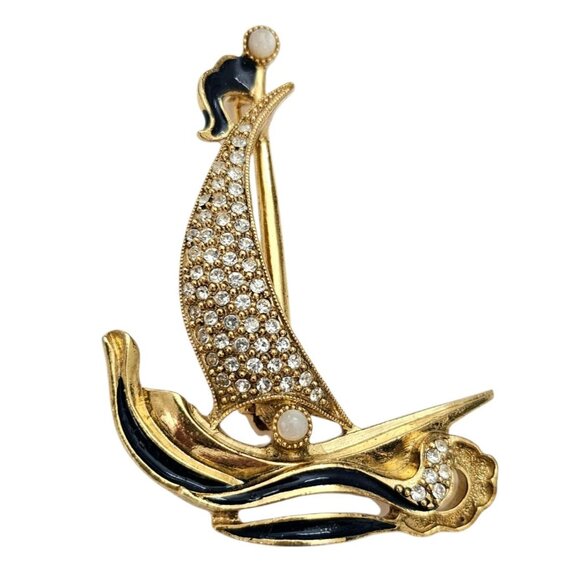 1928 Brand Sail Boat Brooch Clear Rhinestone Blue Enamel Vintage Pin - Picture 8 of 8